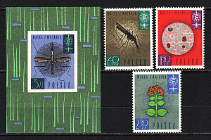 Польша, 1962, Борьба с малярией, Комары, 3 марки, блок